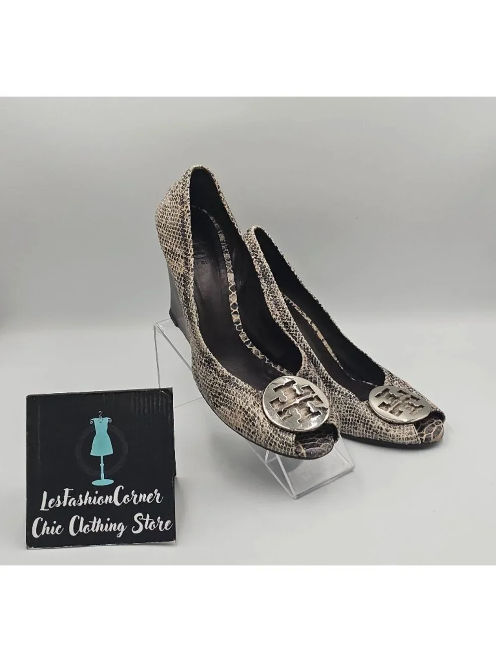 Tory Burch Women's Python Leather Julianne Peep Toe Wedge Pumps Shoe Size 9 3783
